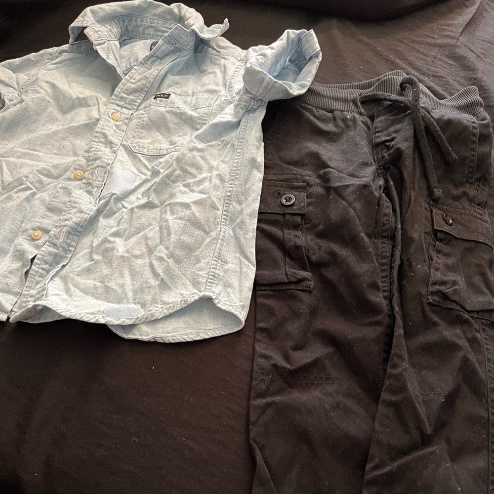 Denim short sleeved button up shirt & cargo pants